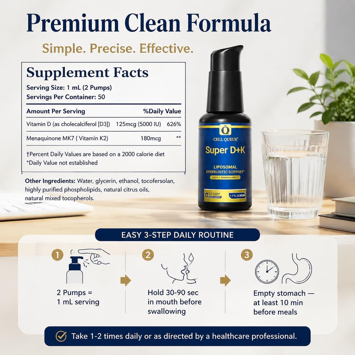 Liposomal Vitamin D3 K2 Liquid 5000 IU – Nanoemulsified D3 + Vitamin K2 MK-7 for High Absorption, Bone & Muscle Support, Immune Health, Calcium Absorption Support, Non-GMO, 50 Servings