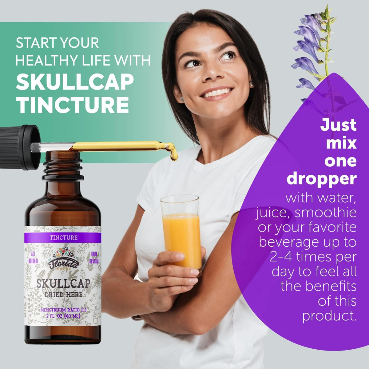 Skullcap Tincture, Organic Skullcap Extract, Skullcap Drops (Scutellaria lateriflora) Dried Herb 2 0z (60 ml)