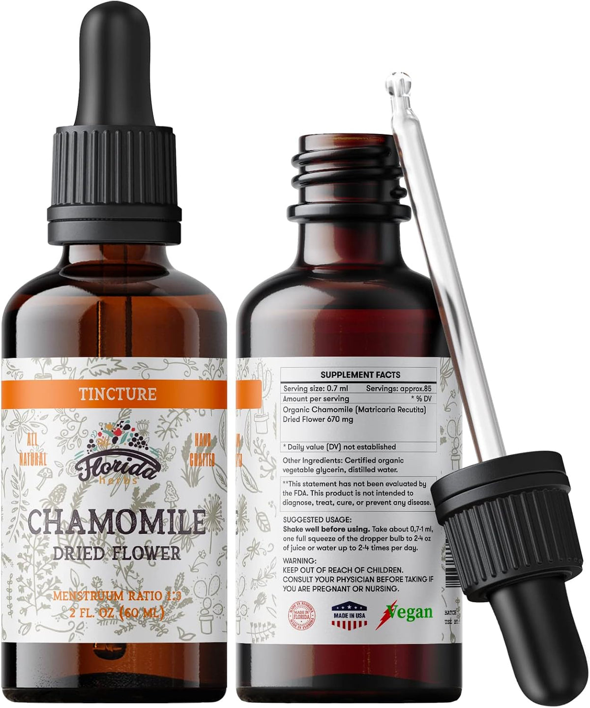Chamomile Tincture, Organic Chamomile Extract (Matricaria Recutita) Dried Flowers, Non GMO Gluten Free in Cold-Pressed Organic Vegetable Glycerine 670 mg 2 Oz (60 ml)