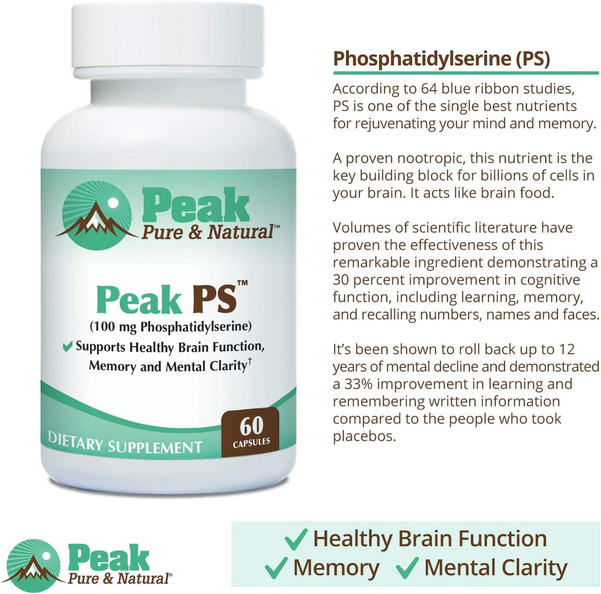 Peak Pure & Natural “Peak PS” Phosphatidylserine Brain Health Supplement - Soy-Free Nootropic for Memory Health - Supplement for Brain Health - 30 Count 100mg Softgels