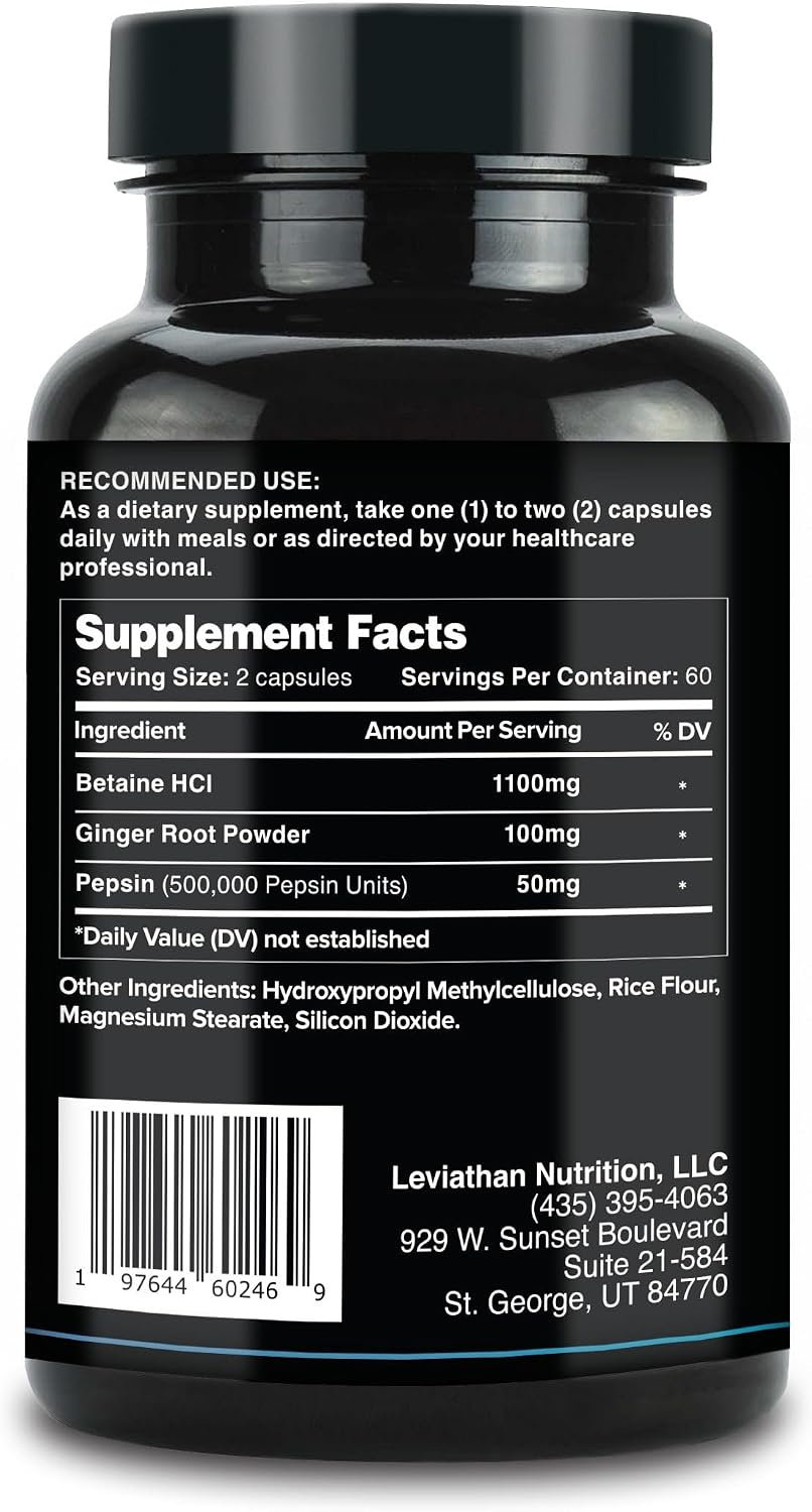 Leviathan Betaine HCl with Pepsin & Ginger - Digestive Enzymes Supplement for Digestion Aid & Support, Stomach Acid & Nutrient Absorption