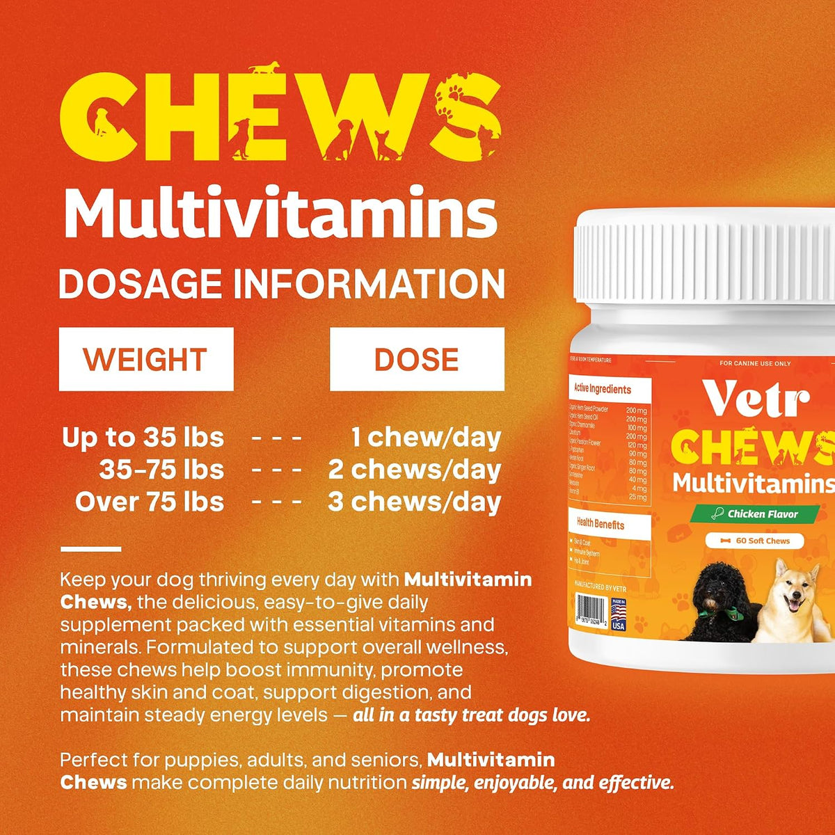 Vetr Dog Multivitamin Treats, 120 Chews Chicken Flavor, Daily Pet Dog Vitamins and Supplements with Glucosamine, Chondroitin, & Probiotics, Hip & Joint, Immune Support, & Digestive Care