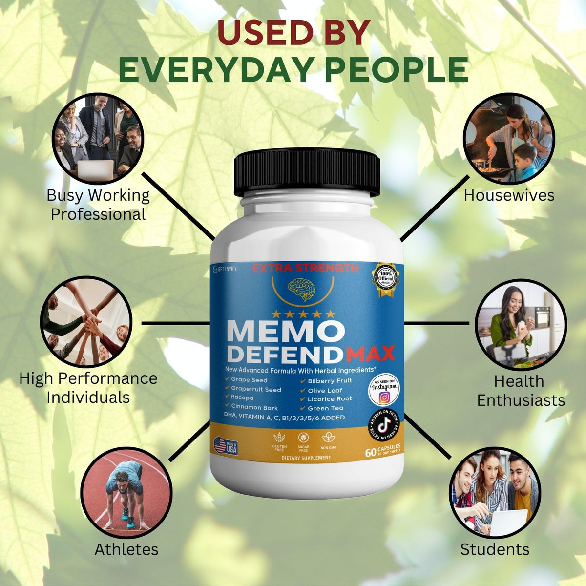 Memo Defend Max Memory Support Supplement, 60 Capsules, with Vitamins A C D E B Complex, DHA, Bacopa, Grapefruit Seed (1) GREENVIFY buy supplements Au