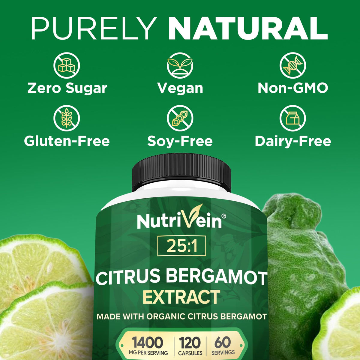 Nutrivein Premium Citrus Bergamot Supplement 1400mg 25:1 Bergamia Extract - 60 Day Supply (120 Capsules): Powerful Italian Citrus Bergamot 1400 mg+ - PrimeBioHealth - canada supplements