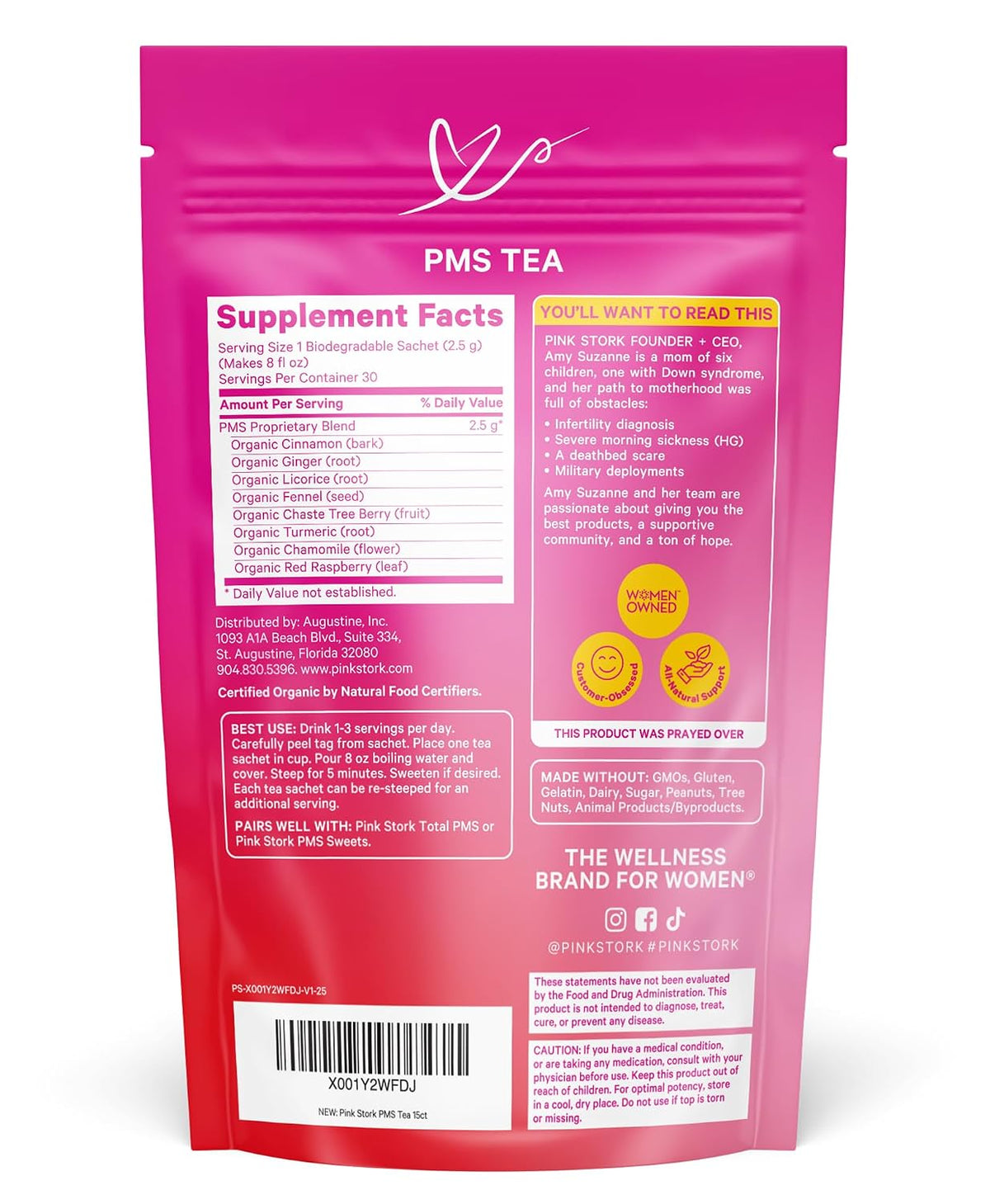 Pink Stork Organic PMS Tea for Hormone Balance, Mood Swings, Bloating, and Period Regularity - 8 Herbs - Vitex, Red Raspberry Leaf, Chamomile - Caffeine-Free - 15 Sachets, Hot or Iced - PrimeBioHealth - canada supplements