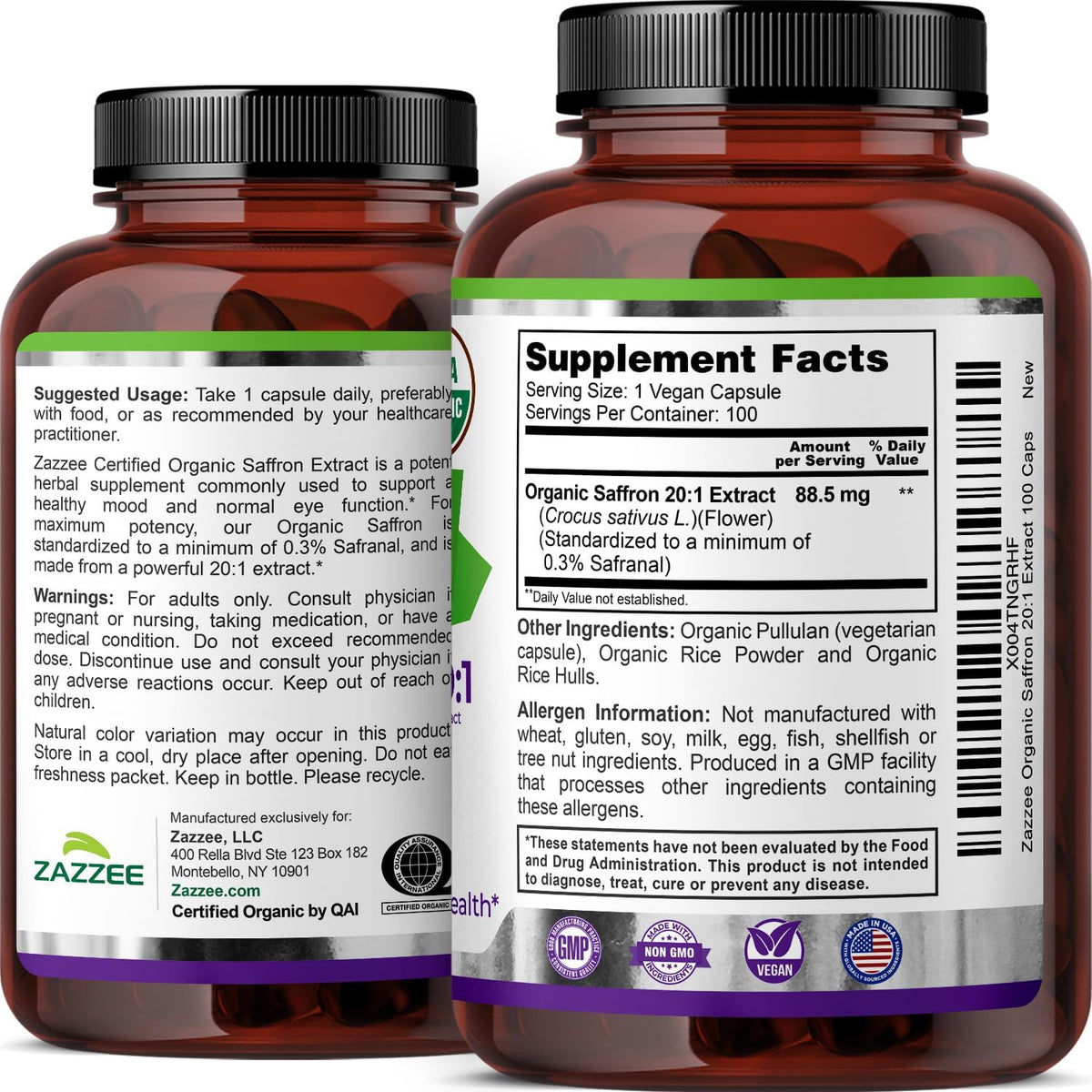 Zazzee USDA Organic Saffron 20:1 Extract, 88.5 mg, 0.3% Safranal, 100 Vegan Capsules, 3+ Month Supply, Concentrated and Standardized 20X Extract, Non-GMO, All-Natural, Made in the USA - PrimeBioHealth - canada supplements