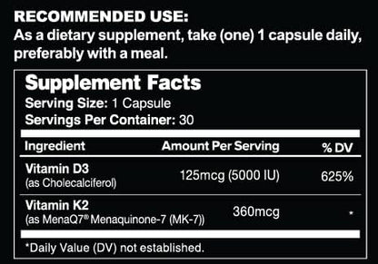 Leviathan Nutrition Vitamin D3 K2 2 in 1 Formula | 360mcg Vitamin K2 (MK7) + Vitamin D3 5000 IU Vegan Organic Extra Strength Vitamin Supplements - Support Heart, Teeth, Joint, and Bone Health