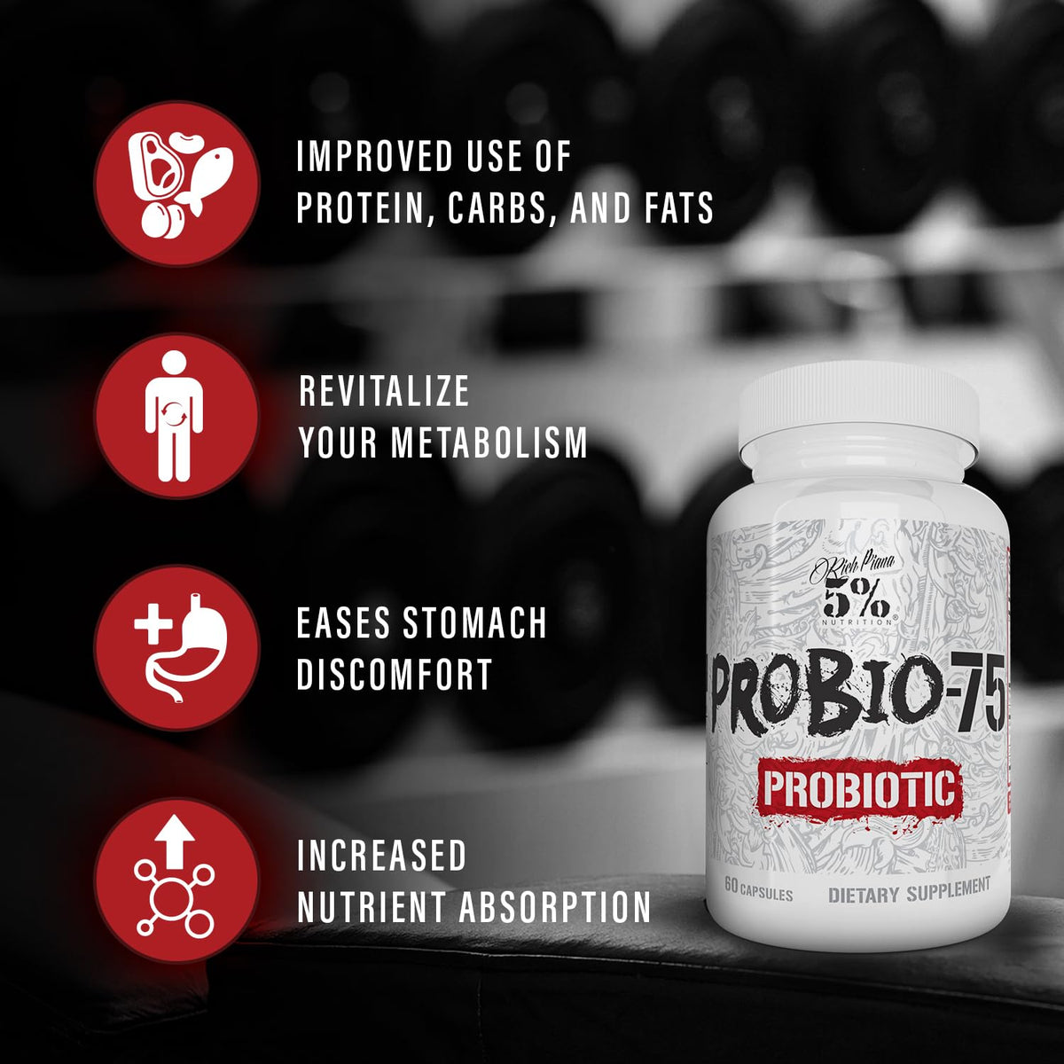 5% Nutrition Rich Piana Probio-75 Billion CFUs | Vegan, 14 Unique Strains - PrimeBioHealth - canada supplements