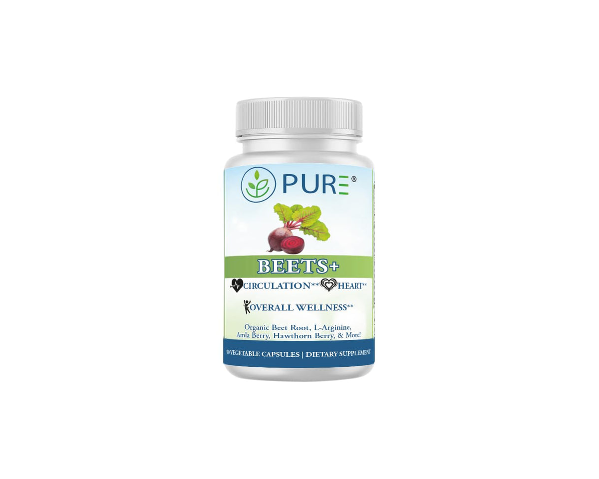 Bottle of Pure Beets+ supplement on a white background