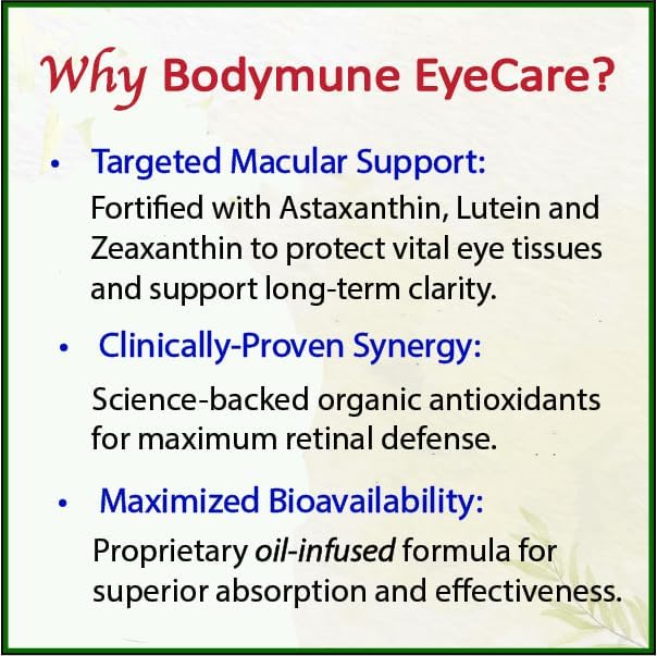 Bodymune EyeCare with Astaxanthin, Lutein & Zeaxanthin Advanced Eye Health Supplement – Supports Retina Health, Dry Eyes & Vision Clarity – 60 Capsules – Plant-Based & Non-GMO, Vegan, Gluten-Fre
