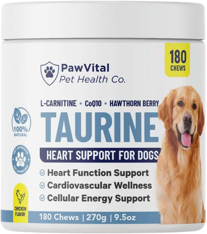 Taurine for Dogs – Heart Support Supplement with L-Carnitine, CoQ10 & Hawthorn Berry – Dog Heart Health & Cardiovascular Support Chews – Taurine Supplement for Dogs – 180 Chicken Flavor Soft Chews