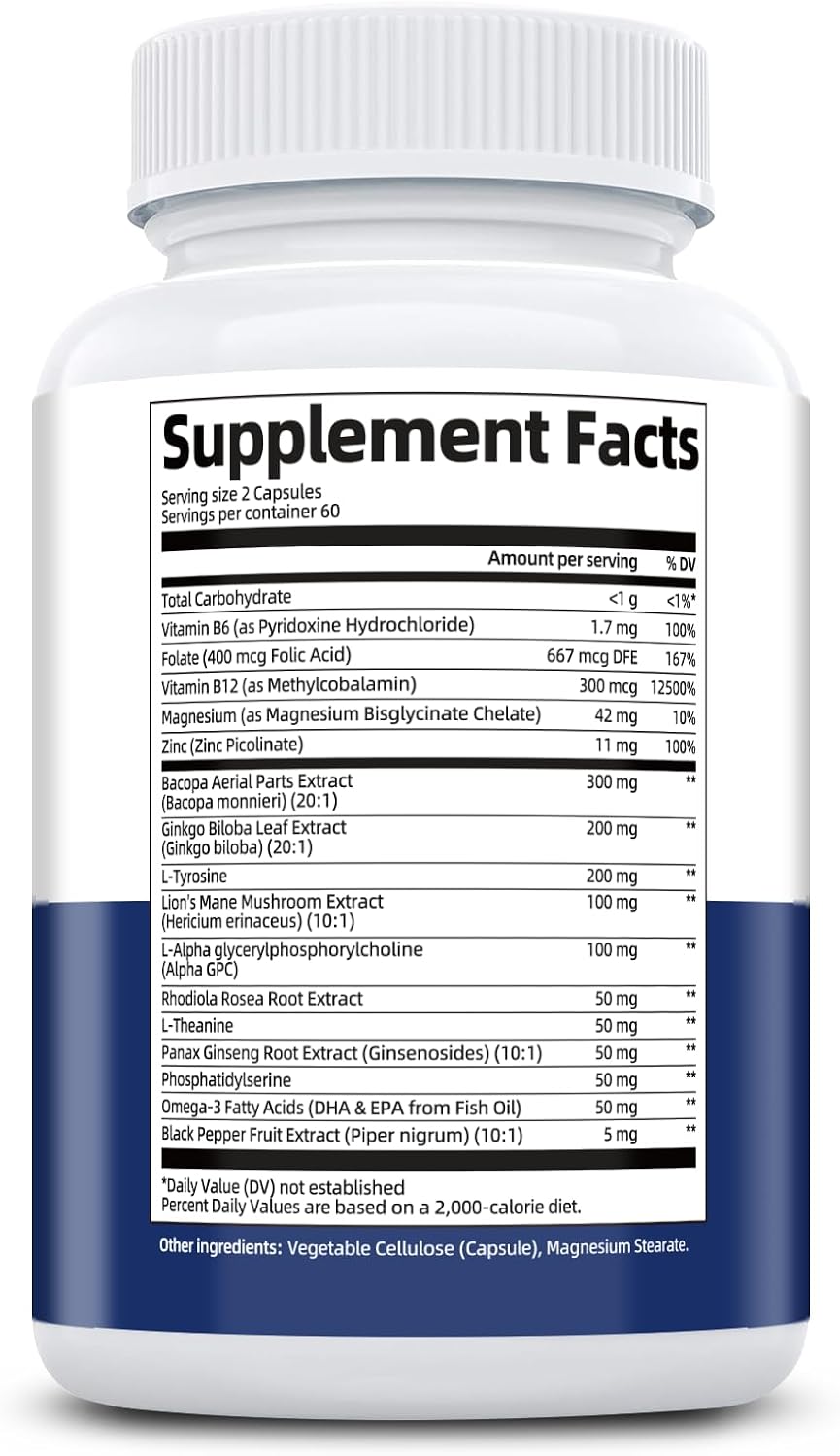 Brain Supplements for Memory & Focus - Nootropic with Bacopa Monnieri, Lion's Mane, Alpha GPC, Phosphatidylserine | Supports Mental Clarity & Cognitive Function | Vitamin B6 & B12-120 Capsules