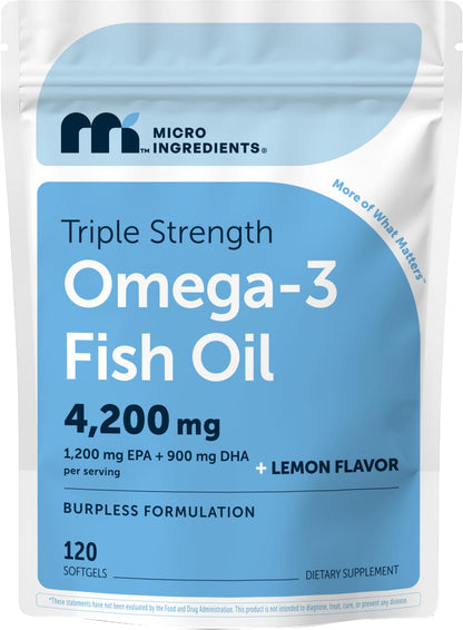 Micro Ingredients Triple Strength Omega-3 Fish Oil 4,200 mg Per Serving | EPA 1200mg + DHA 900mg Per Serving, Wild Caught Fish Source, Lemon-Flavored, 240 Softgels, Burpless, No Fishy Aftertaste.