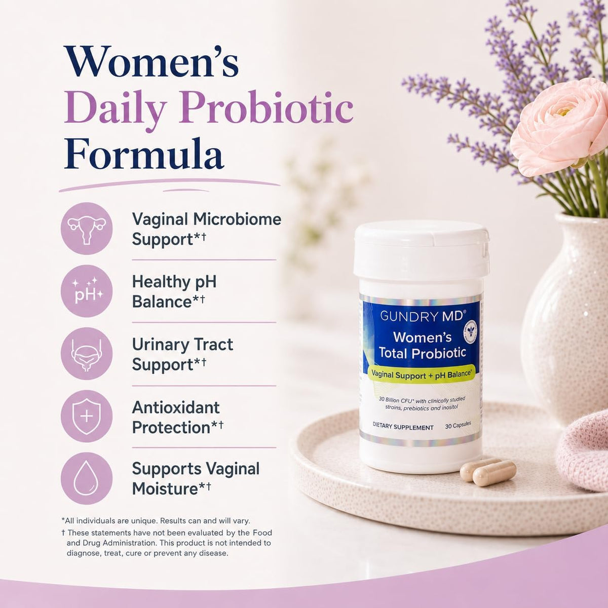 Gundry MD® Women's Total Probiotic with Inositol, 30 Capsules | Made with Women in Mind, Urinary Tract & Vaginal Support, Leaky Gut, Digestive Health, Horomone Support, No Animal Products