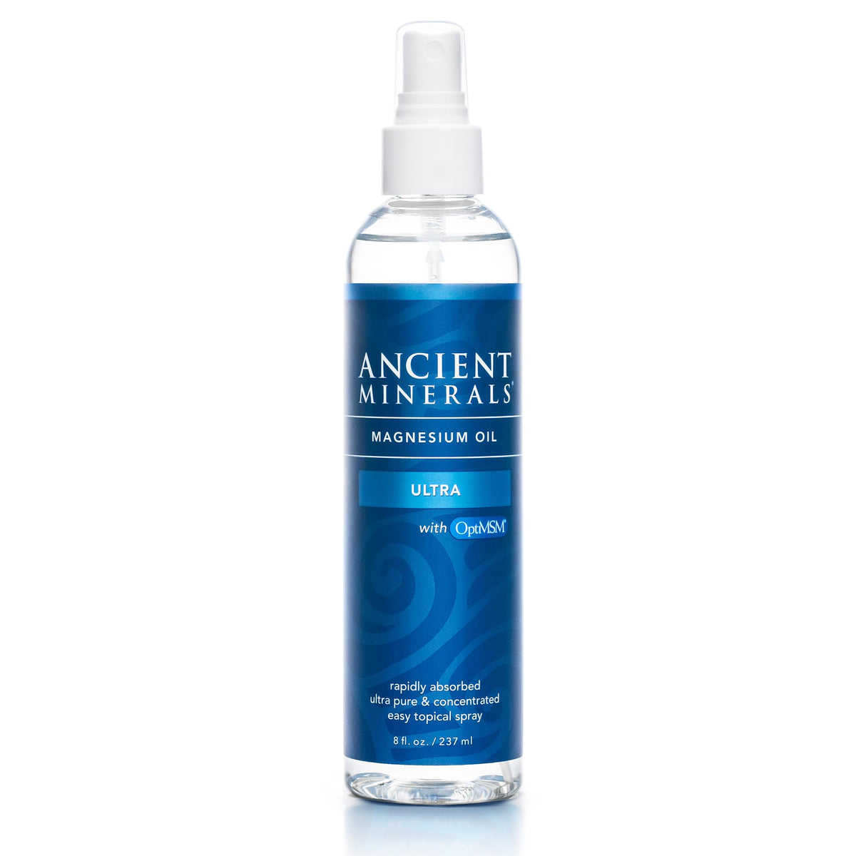 Ancient Minerals Magnesium Oil Spray Ultra with MSM, Zechstein, 4oz | Zechstein magnesium chloride + MSM topical spray for enhanced absorption & reduced tingle. 4 fl oz.