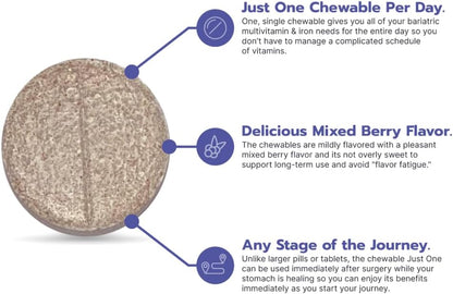 Bari Life Just One Chewable: Once Daily Bariatric Multivitamin + Iron and and BariBurst Calcium Citrate Soft Chews for Gastric Bypass, Gastric Sleeve and Duodenal Switch (Sour Grape)