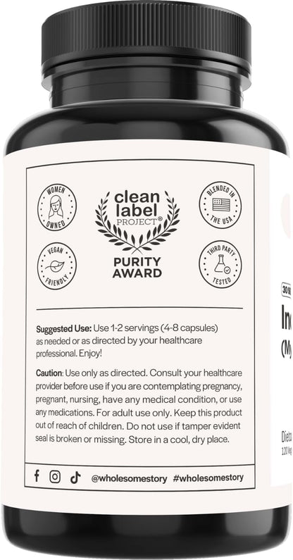 Wholesome Story Myo-Inositol Supplement | Inositol Powder Capsules | Myoinositol | 2000mg Per Serving | 500mg Per Capsule | Male and Female Fertility Supplement | Vitamin B8 | 120 Capsules