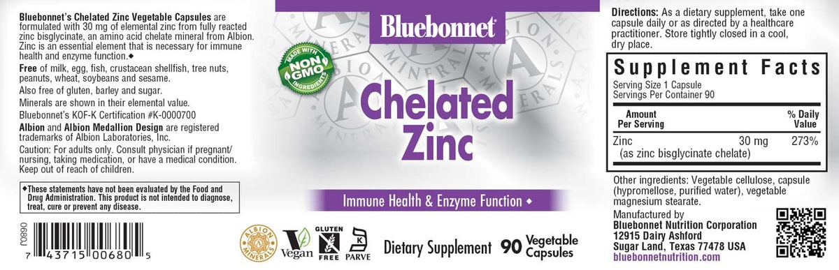 Bluebonnet Nutrition Albion Chelated Zinc, For Immune Health & Enzyme Function*, Soy-Free, Gluten-Free, Non-GMO, Kosher Certified, Dairy-Free, Vegan, 90 Vegetable Capsules, 90 Servings