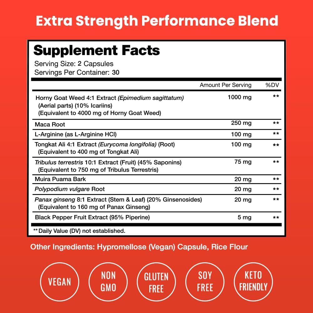 NutraChamps Horny Goat Weed, 1000mg Epimedium Energy Supplement, 10X Strength Icariin, Ginseng, Tribulus & Maca Pills for Women & Men, Enhanced Absorption with Black Pepper, 60 Vegan Capsules
