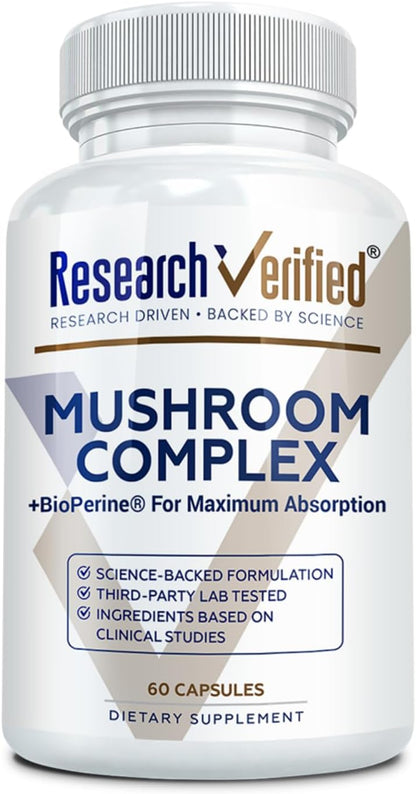Research Verified Mushroom Complex - Support Immunity, Boost Antioxidants, Improve Cognitive Function - 10 Mushrooms Including Reishi, Maitake, and Shiitake - 60 Capsules - Vegan