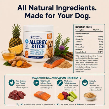 Dog Allergy Chews - 200ct Dog Allergy Relief for Itching Skin & Paw Licking - Allergy and Immune Chews for Dogs with Probiotics & Colostrum - Anti Itch Supplement for Seasonal Allergies, Salmon Flavor