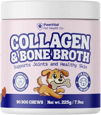 Collagen & Bone Broth for Dogs – Hip + Joint Support, Gut Health for Hair, Skin & Nails – with Glucosamine, MSM, Chondroitin, Turmeric – Natural Treats Made with Real Chicken & Beef
