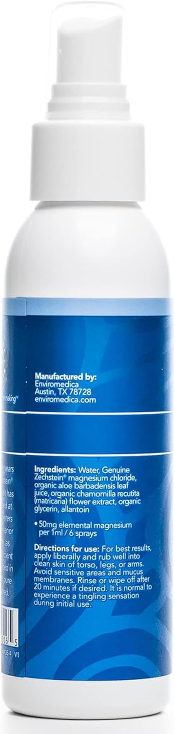 Ancient Minerals Magnesium Oil Spray Sensitive, Aloe & Chamomile, 4oz | Zechstein magnesium chloride with allantoin, organic chamomile & aloe vera. Gentler formula for sensitive skin. 4 fl oz.