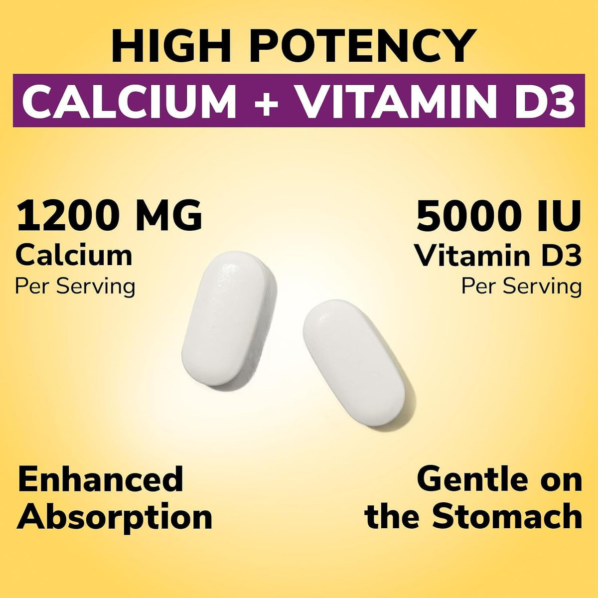 Vitalibre Calcium Supplements for Women, 120 Coated Tablets | Calcium 1200 mg with Vitamin D3 5000IU, Bone Strength Density, Enhanced Absorption Stomach - Friendly Gentle