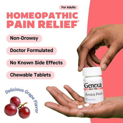 Genexa Arnica Tablets for Pain Relief Formula | Alleviate Muscle & Joint Pain, Soreness, & Stiffness | Delicious Organic Grape Flavor | Homeopathic Remedy Made Clean | 300 Chewable Tablets (3 Pack) GenexaBuy Supplements Australia