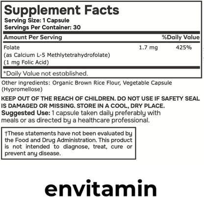 envitamin 5-MTHF - Methylfolate (Active B9 Folate) Supplement - 30 Capsules - 5-MTHF 1mg
