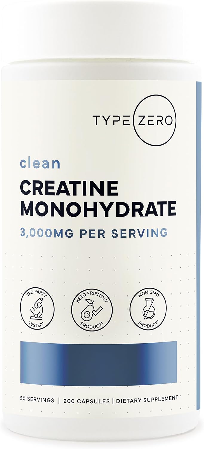 Type Zero Clean Creatine Monohydrate Capsules (3,000mg) 200 Count | Pure Micronized Creatine Supplement, 50 Servings