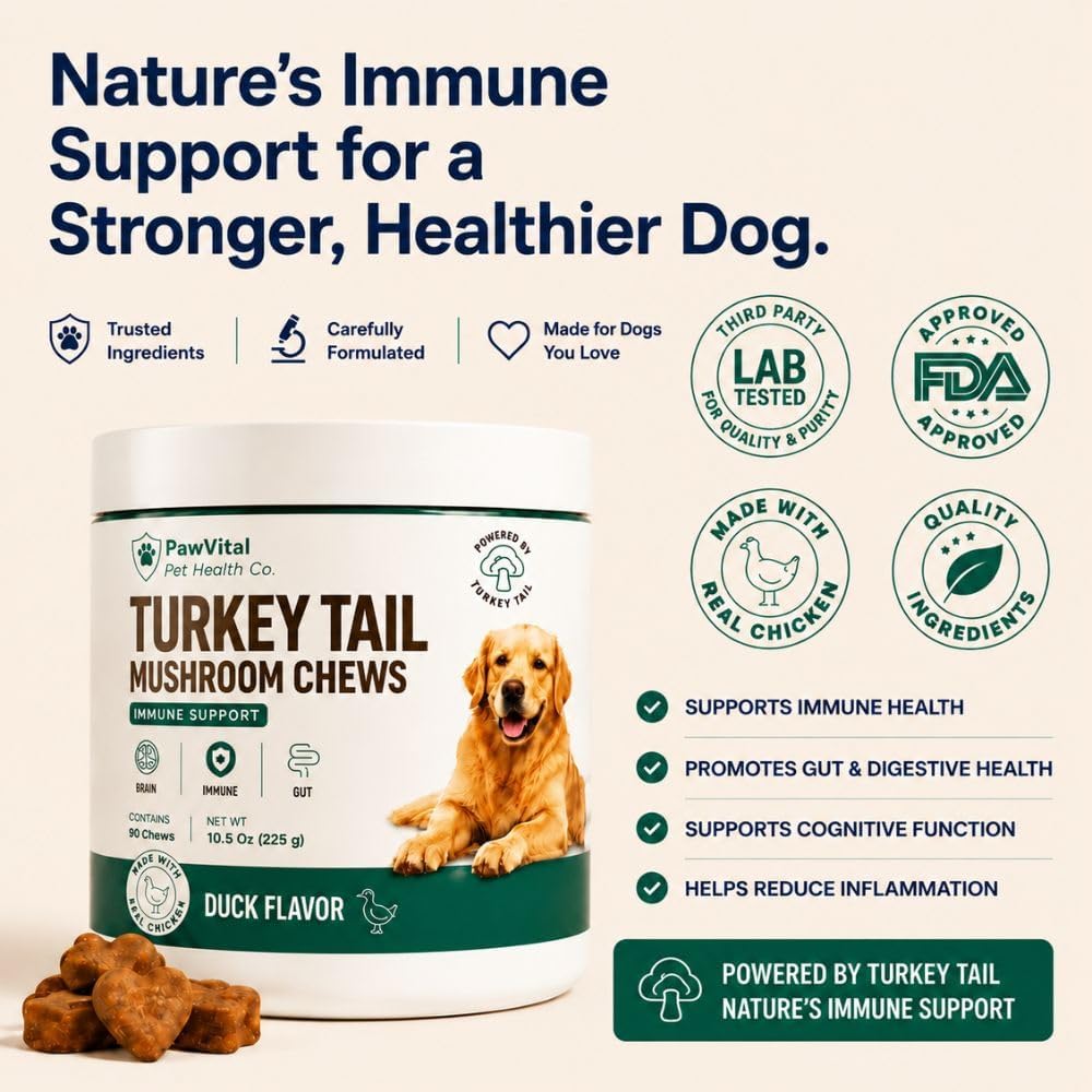 Turkey Tail Mushroom for Dogs – Mushroom Chews with Reishi & Probiotics – Dog Vitamins & Supplements for Immune Support, Gut Health, Brain Function & Daily Wellness – Duck Flavor – 90 Soft Chews
