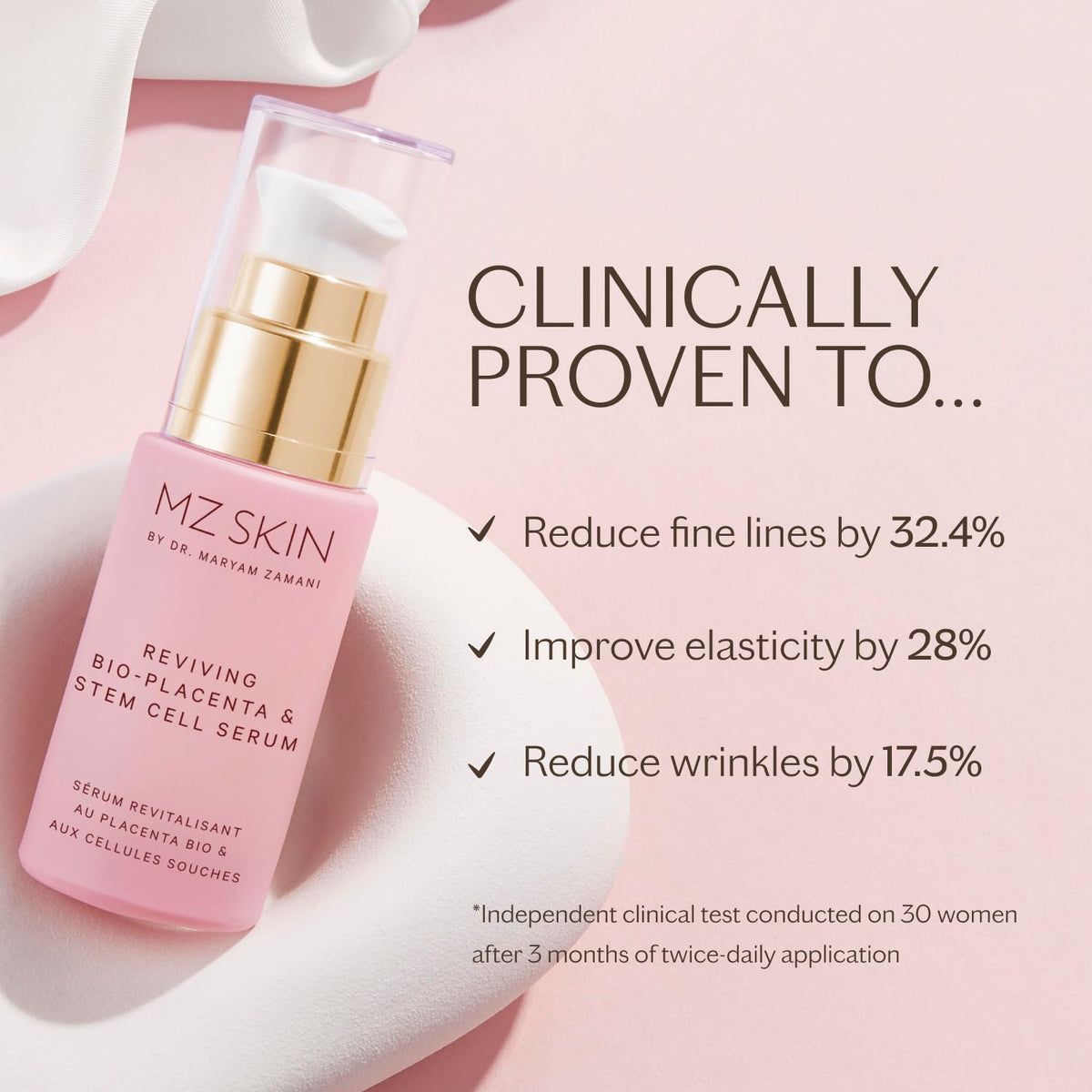 MZ SKIN Reviving Bio-Placenta & Stem Cell Serum, Night Treatment for Powerful Rejuvenation, With Peptides, Squalane & Hyaluronic Acid, Perfect For Anti-Aging, Wrinkles & Fine Lines, 1.01 fl oz