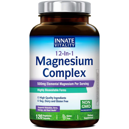 Innate Vitality 12-in-1 Magnesium Complex, 500 mg Elemental Mag, with Magnesium Glycinate Malate Taurate Aspartate & More,