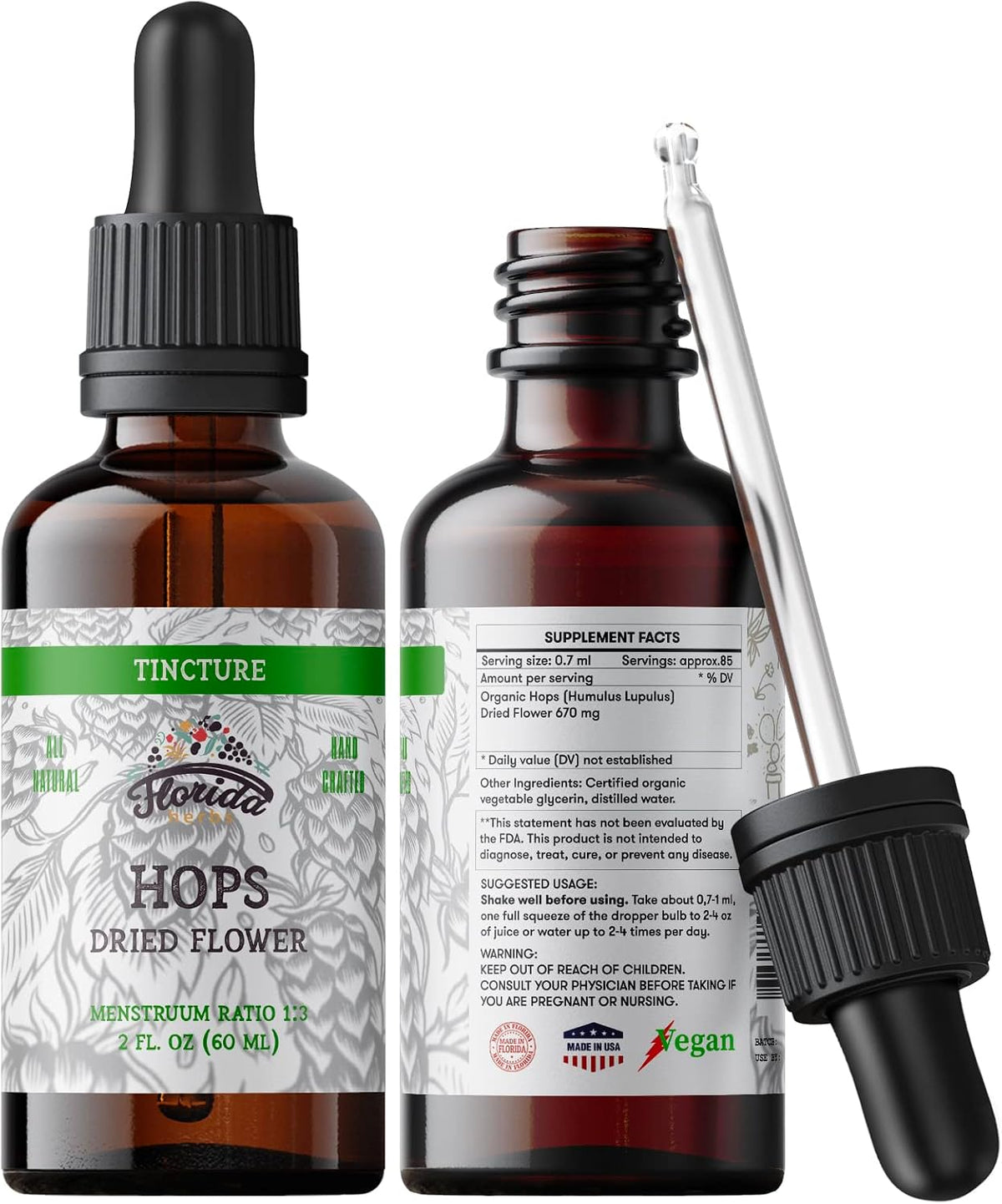 Hops Tincture, Organic Hops Extract Drops (Humulus Lupulus) Dried Flowers - Non-GMO 2 oz