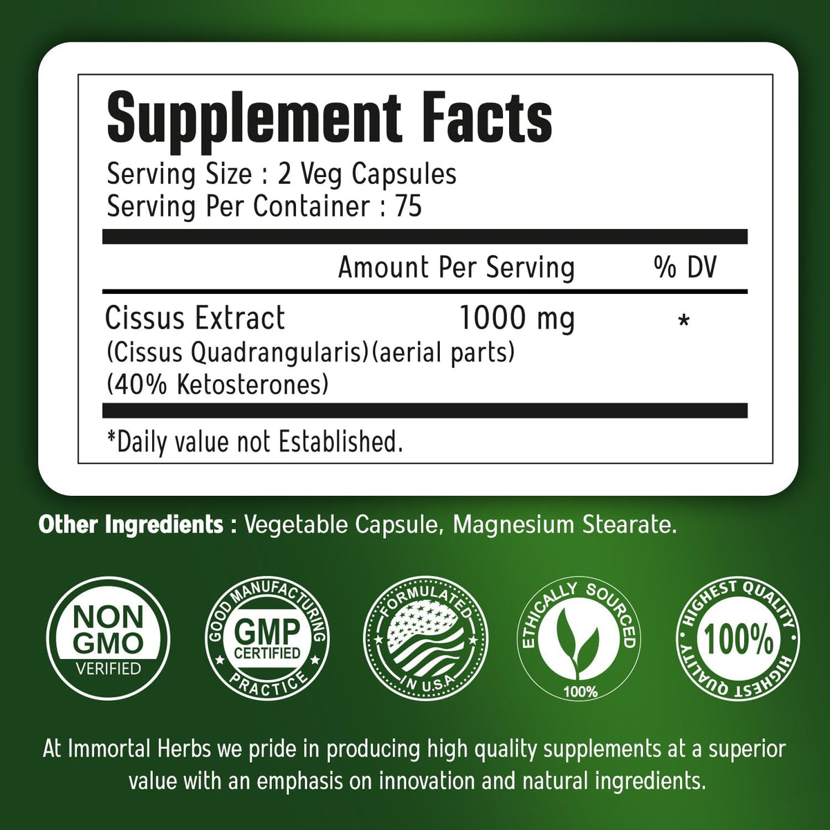 Cissus Quadrangularis Supplement 1000mg, 150 Pills, Pure Extract Powder with 40% Ketosterones, Non-GMO and Gluten-Free Cissus Extract Capsules for Men and Women