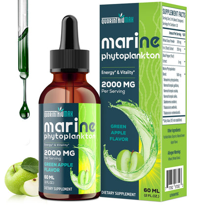Marine Phytoplankton Drops 2000mg - High Absorption Phytoplankton Supplement with Wheatgrass & Fo-ti for Cellular Wellness, Hair Growth, Energy & Immunity - Green Apple Flavor, 2 fl oz (Pack of 2)