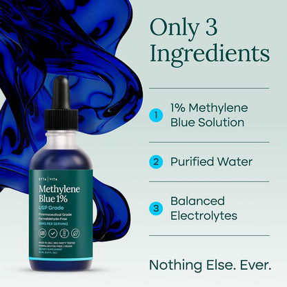 Methylene Blue Pharmaceutical Grade 99.99% Pure 1% Solution, 2oz Tincture | Methylene blue drops for energy, focus, clarity, cognition & cellular support, 3rd party tested, formaldehyde-free, USA