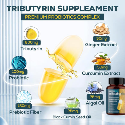 Tributyrin Supplement for Gut & Immune 800mg | High Bioavailability with Microencapsulated Probiotics & Prebiotics - Advanced Liquid-Filled Tributyrin Complex, Gluten Free, 90 Capsules