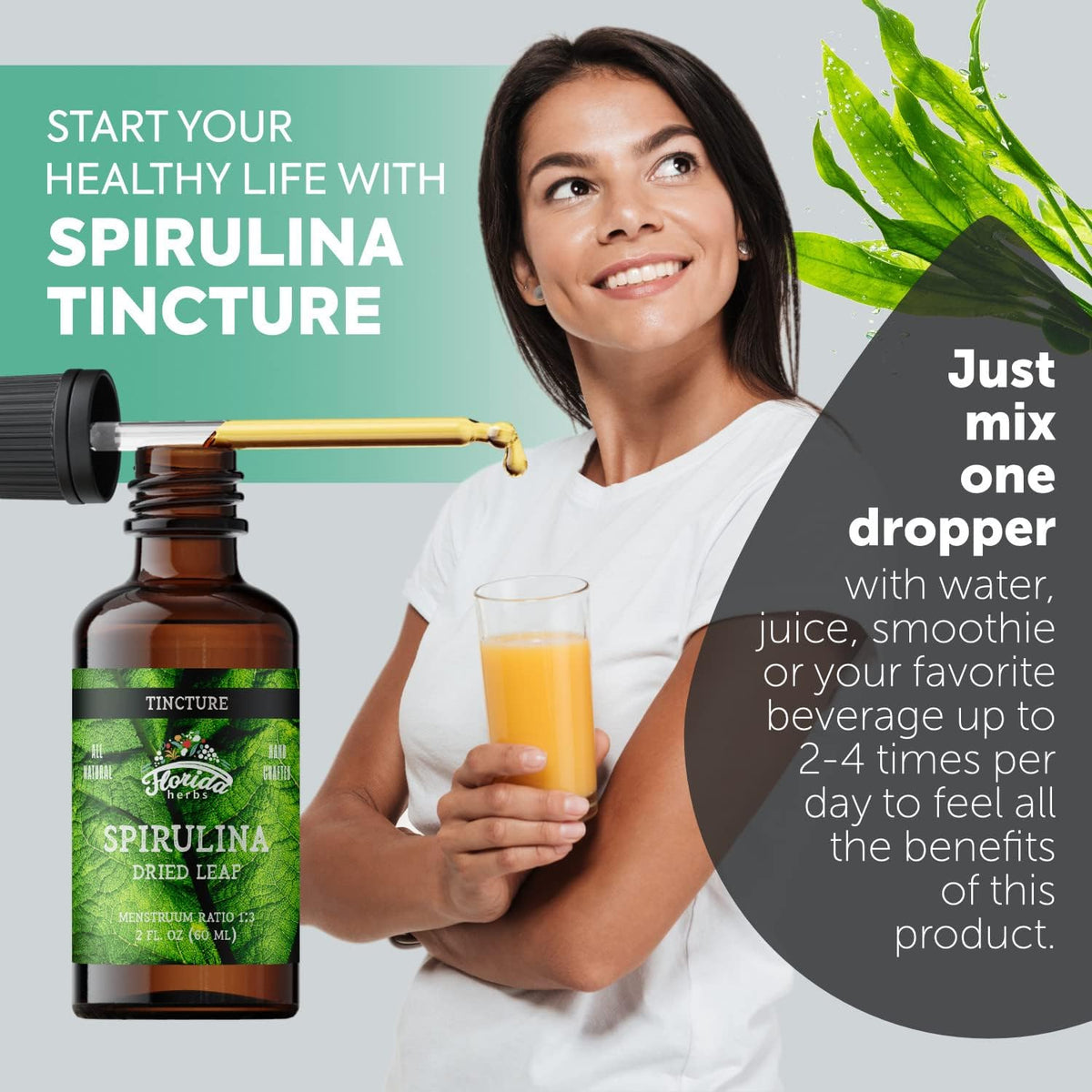 Spirulina Tincture, Organic Spirulina Extract (Arthrospira Platensis) Herbal Supplement, Non-GMO in Cold-Pressed Organic Vegetable Glycerin, 700 mg, 2 oz (60 ml)