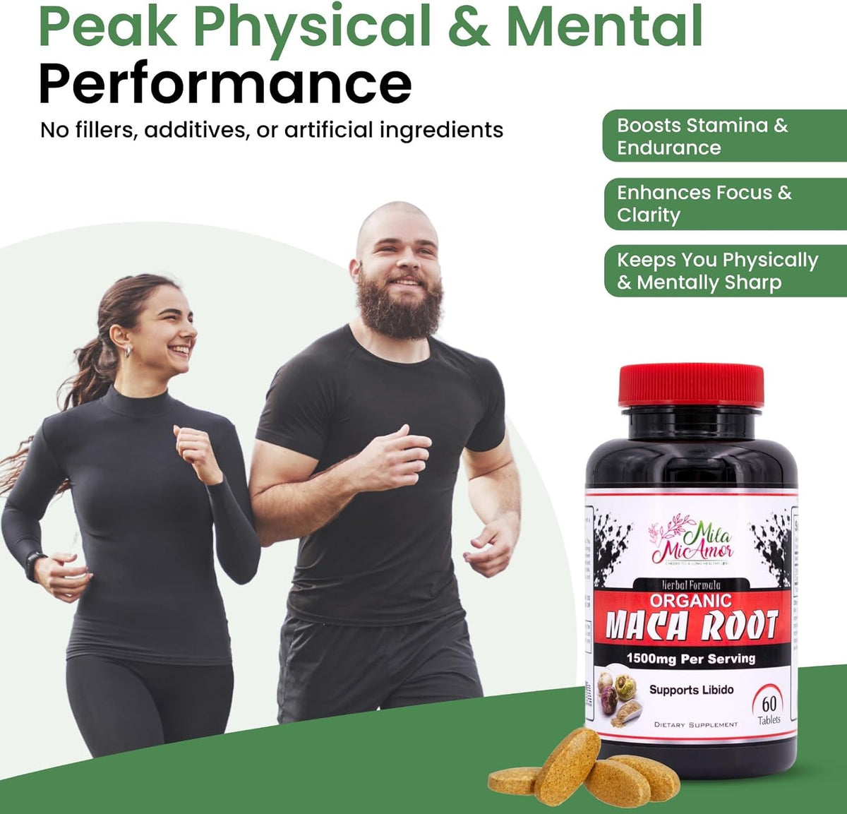 Organic Maca Root Extract 1500 mg, Peak Performance for Men & Women, Sustained Energy & Hormone Support with Black Pepper, Non-GMO, 60 Tablets, US-Made