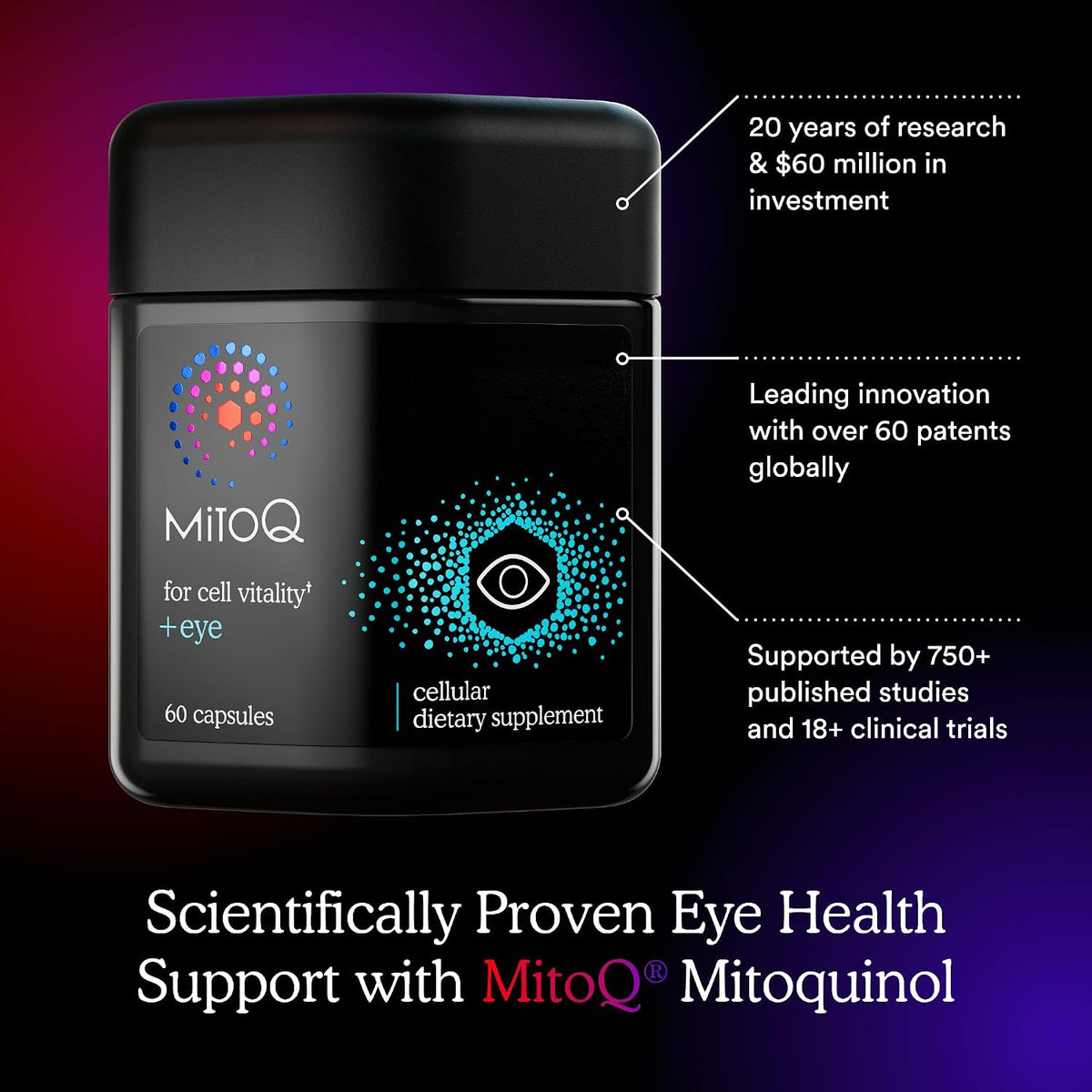 MitoQ +Eye – Eye Health Supplement with Lutein & Zeaxanthin (5:1 Ratio), Bilberry, Maritime Pine Bark, Zinc, Mitoquinol | Supports Macular Health, Visual Clarity & Blue Light Defense