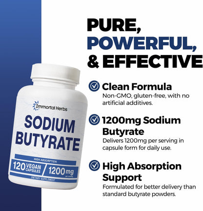 Sodium Butyrate Capsules 1200mg, High Absorption Postbiotic, 120 Count, Standardized Butyric Acid, Vegan, Non-GMO & Gluten-Free Butyrate Supplement for Women and Men