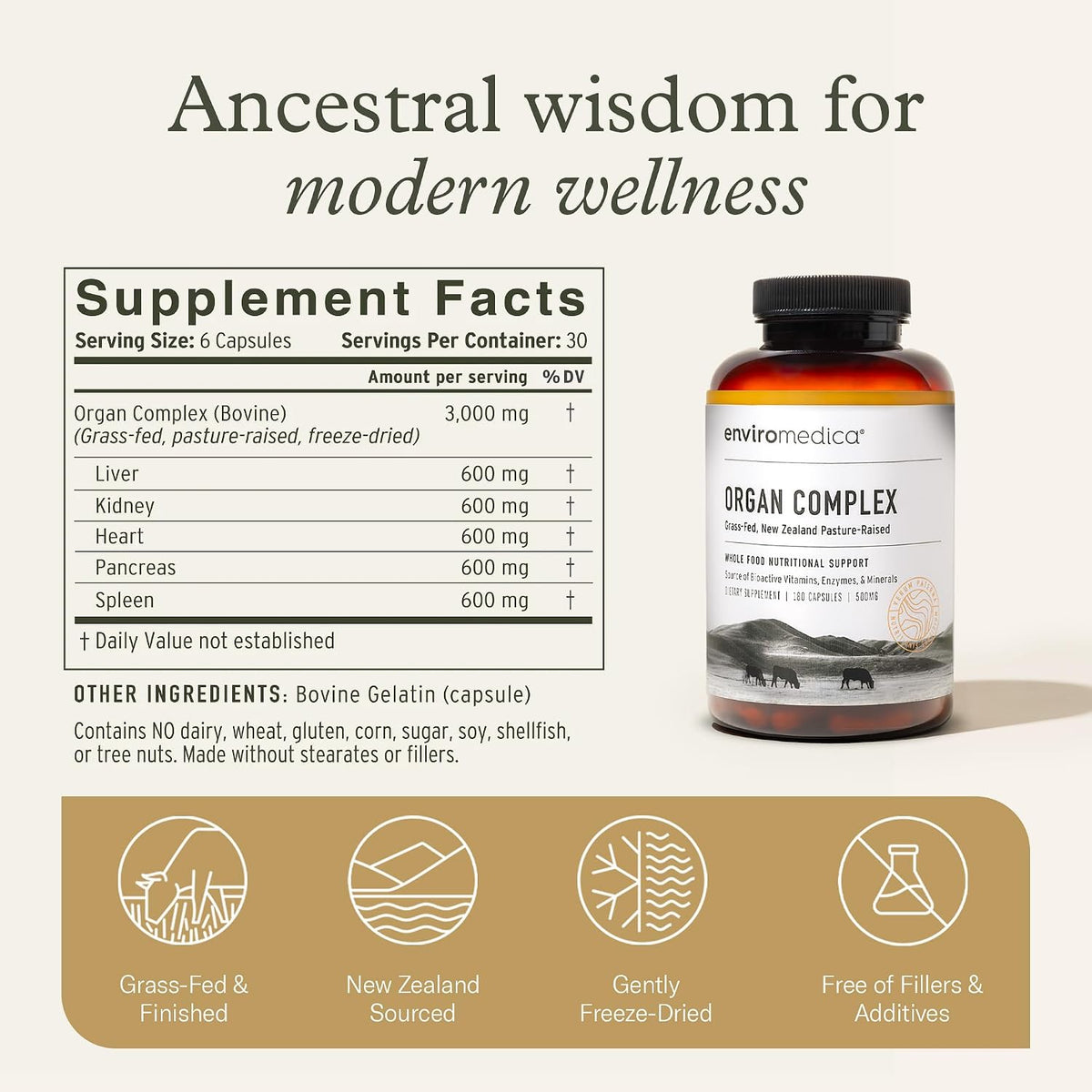 Enviromedica Grass-Fed Beef Organ Complex, Freeze-Dried, 180 Count | Freeze-dried beef liver, kidney, heart & pancreas. Whole-food multi-organ supplement. Pasture-raised. 180 capsules.