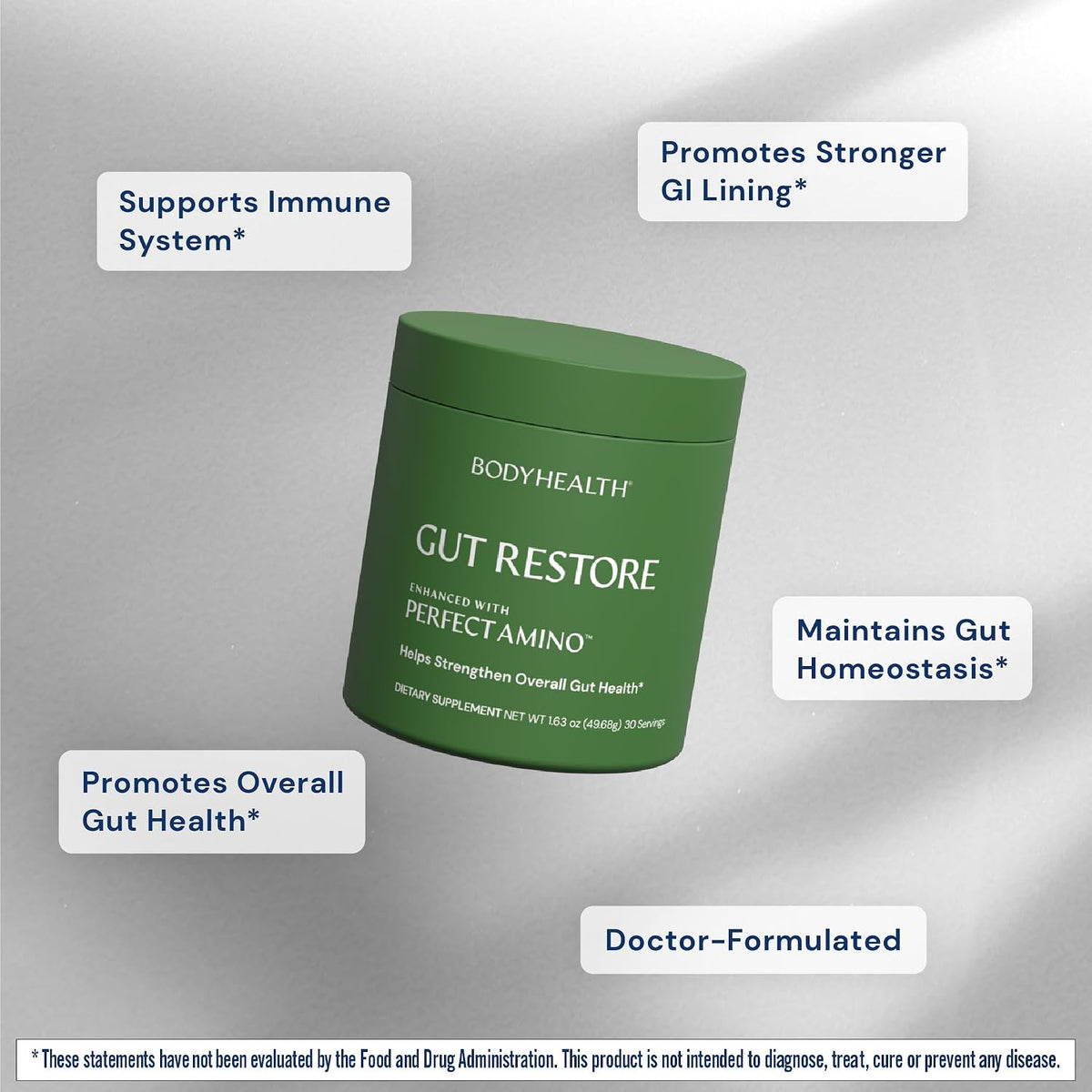 BodyHealth Gut Restore with PerfectAmino, ImmunoLin, and Humic Acid - Gut Health Supplement for Digestive and Immune Support - Unflavored - 30 Servings