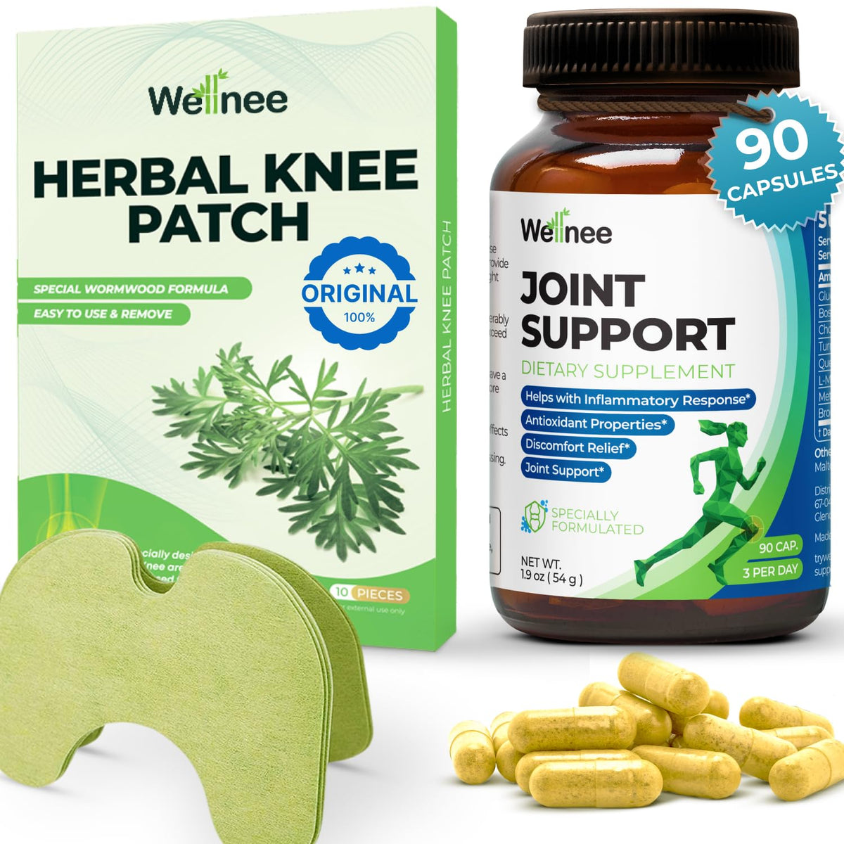 Wellnee Knee & Joint Wellness Bundle – Herbal Patches (10 pcs) & Support Capsules (90 servings)