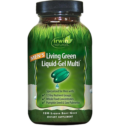 Irwin Naturals Men's Living Green Liquid-Gel Multi supplement bottle on a white background