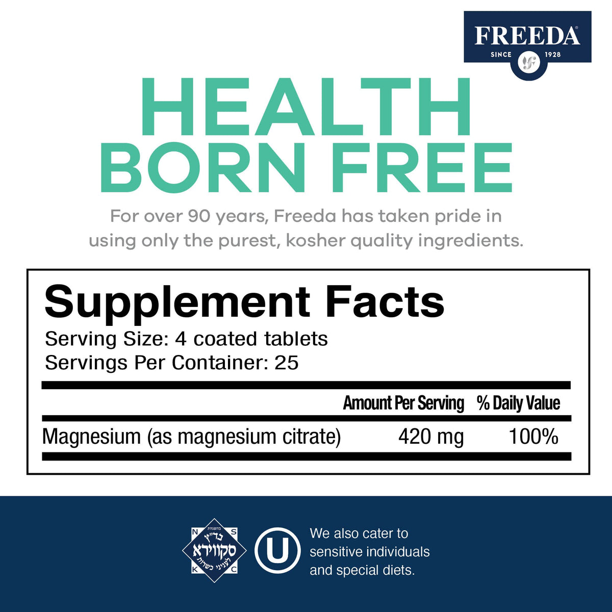 FREEDA Magnesium Citrate Powder for Bone, Joint, & Muscle Support 100 Count | Supports Nerve Health, Relaxation, Sleep, Metabolism, & Digestive Function – Kosher, Vegan, Gluten-Free, Made in USA