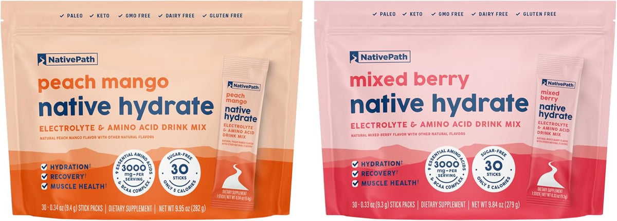 NativePath Hydrate Stick Pack Peach Mango & Mixed Berry Bundle – Zero Sugar Electrolytes with BCAAs