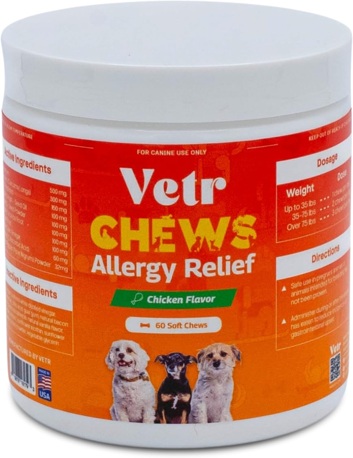 Vetr Allergy Relief Chews for Dogs - Dog Itching Skin Relief, Dog Allergy Treats with Probiotics and Omega-3 - Chicken Flavored 60 Count - Vet-Formulated in USA